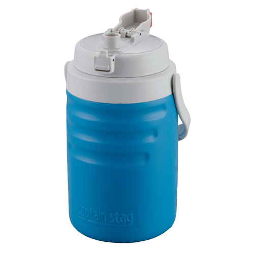 水筒　2L　プラスチック　保冷専用　ニューレックス　ワンタッチ　ハンディーウォータージャグ　キャプテンスタッグ　ブルー 明るいブルーのプラスチックボディが見える状態で、ワンタッチのキャップが開いている様子。