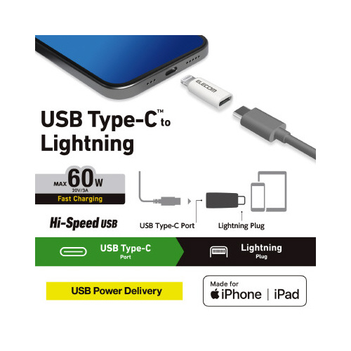 USB-C ライトニング変換アダプタ PD対応 白 白いアダプタが正面から見える状態、コネクタ部分がはっきりと確認できる。