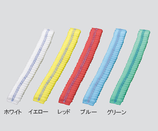 使い捨てカラーモブキャップ グリーン 100枚入 緑色のキャップがパッケージに整然と並ぶ様子