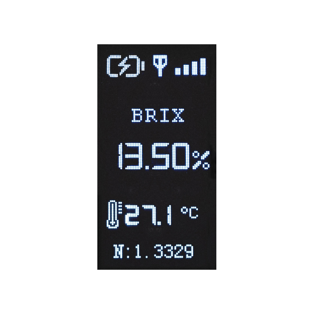 Bluetooth®内蔵 デジタル糖度計 デジタル表示パネルが正面に見える、黒いボディの機器