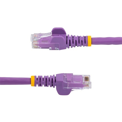カテゴリ6　LANケーブル　RJ45モールドコネクタ　ツメ折れ防止　5m　パープル　1本 ケーブルの先端が見える状態で、パープル色のスタイリッシュな外観が強調されている