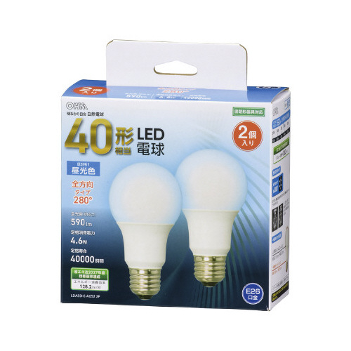 ＬＥＤ電球　Ｅ２６　４０形　全方向　昼光色　２個入画像