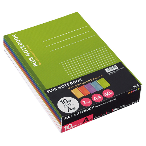 ﾉｰﾄﾌﾞｯｸ(ｶﾗｰｱｿｰﾄﾊﾟｯｸﾉｰﾄ) A4 A罫7mm 35行 40枚 5色 1ﾊﾟｯｸ(10冊:各色2冊)画像