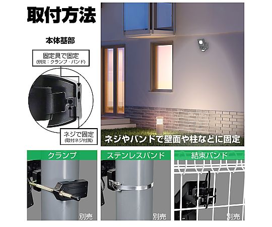 1灯 LEDセンサーライト(ソーラー充電式) 前面が明るく照らされた状態で壁に取り付けられたデバイス