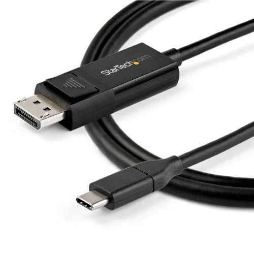 USB　TypeC-DisplayPort　1.4変換ケーブル　1m　ブラック　1本 ケーブルが黒い背景に直置きされ、先端のコネクタ部分が鮮明に見える状態