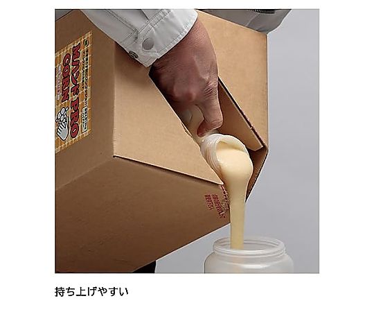 Mハンドクリーナー PRO/CORN 詰替え用ハイテナー 15kg 大きな白いボトルが中心に置かれ、周囲に色鮮やかなグラフィックがデザインされたパッケージの様子