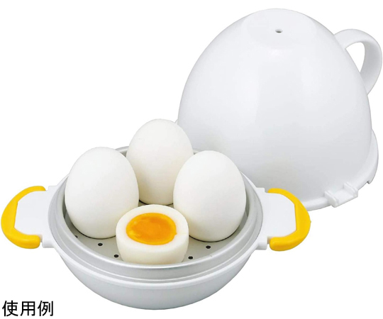 レンジでらくチン！ゆでたまご 4個用 透明な容器に入った、ふた付きの調理器具が横向きに置かれている様子