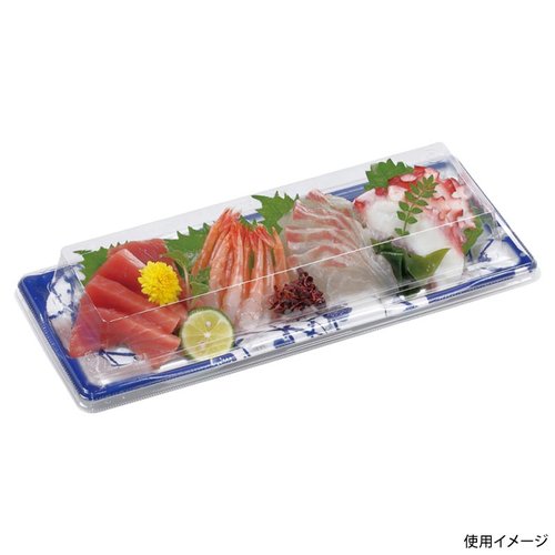 刺身容器 長角皿29-11 本体 はな絵紺 エフピコ 青色の花模様が施された長方形の皿の正面、白い背景に置かれた美しいデザインが目を引く。