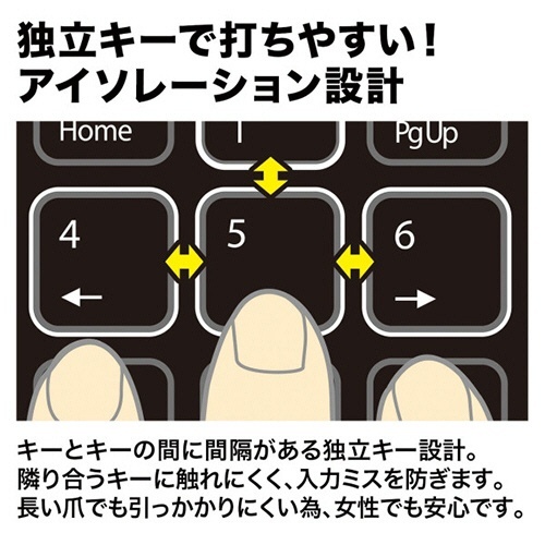 静音Type-Cテンキー　ブラック　1個 表面が艶のあるブラックのキーボード、ボタンは静かなタイプで均一に配置されている様子。