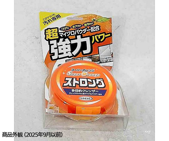 スーパーオレンジ　ストロング　多目的クレンザー　強力パワー 正面から撮影されたイエローのパッケージ、強力な洗浄効果を強調する文言が目立つ