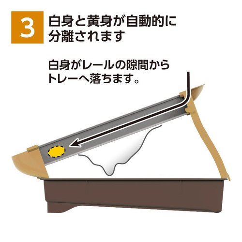調理用品 GM-4045 エッグスライドセパレーター 透明なプラスチック製の本体が、卵をスライスするための穴が並んだ様子