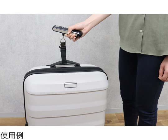 サイズもはかれるラゲッジスケール デジタル表示を持つスケールが吊るされ、ストラップが使われている様子