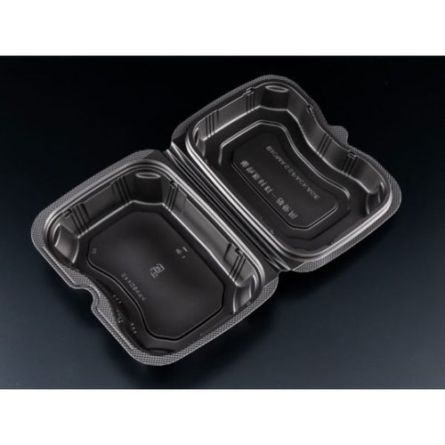 弁当容器 バイオデリカ シェルBOX40 黒 リスパック 黒いシェル型の弁当容器が横向きに配置されている様子
