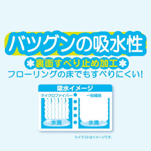 バスマット　ふかふか快適　吸水バスマット　36×50cm　ブルー 柔らかい質感の青いバスマットが床に置かれている様子。