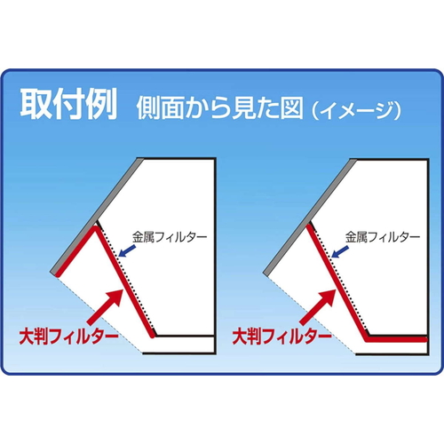 レンジフードフィルター 厚っ！ 大判 手で切れるタイプ 60×180cm 着脱テープ12枚付き 切り取り線が見える大判のフィルターが折りたたまれ、付属の着脱テープが横に並んでいる様子