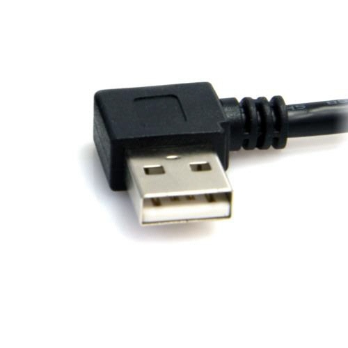 USB2.0ケーブル　90cm　Type　A(L型)オス-B(L型)オス　ブラック　1本 コードのL型コネクタが付いたケーブルが横に広がっている様子