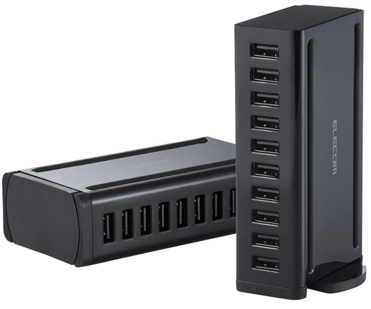 AC充電器　USB充電器　卓上多ポート　合計60W　USB-A10ポート　縦置き横置き対応　ブラック 黒い縦置きの本体前面にUSB-Aポートが10個縦一列に並んでいる様子