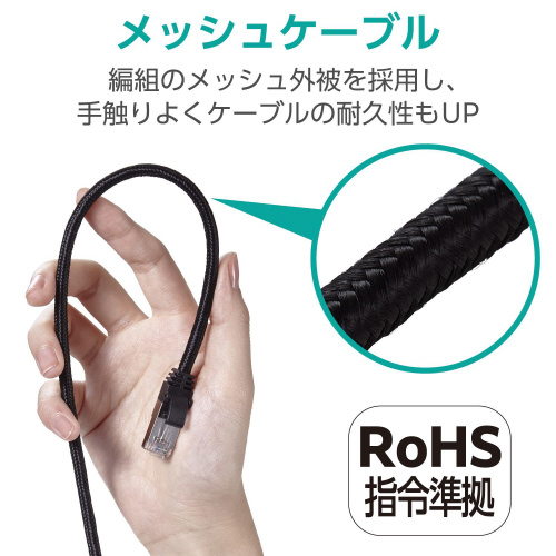 LANケーブル CAT7 2m メッシュ ブラック コイル状に束ねられたケーブルの質感と色合い