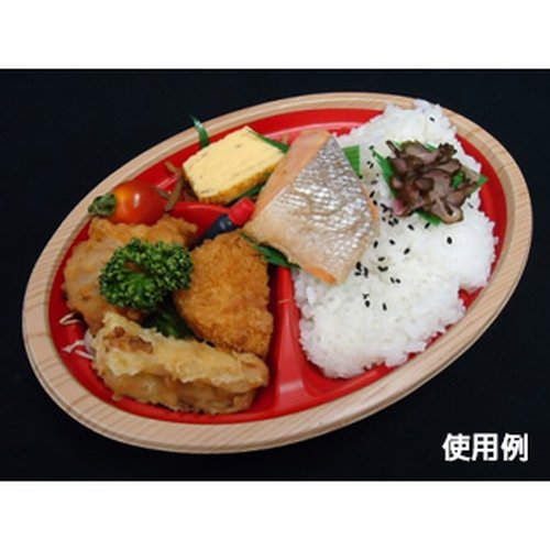 弁当容器 CT WF-小判 23A-32 赤木目-BK L 中央化学 赤木目調の光沢ある表面が際立つ弁当容器の側面