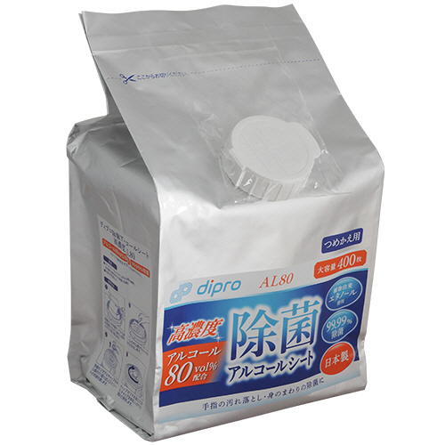 除菌ｱﾙｺｰﾙｼｰﾄ 高濃度AL80 詰替用 1ﾊﾟｯｸ(400枚)画像