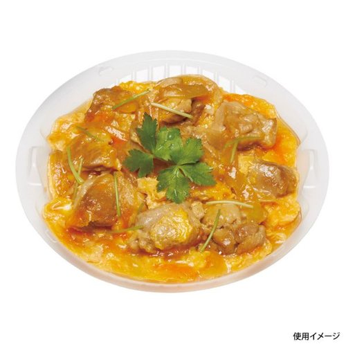 どんぶり容器 テイク丼 190B 白 リスパック 透明な容器内に白ご飯と具材が盛り付けられた様子