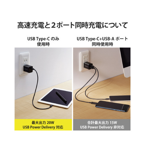 AC充電器 20W 小型 ブラック 横から見たシンプルなデザインの充電器