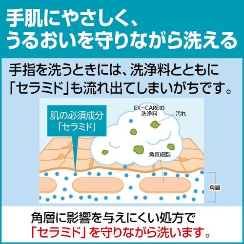 ハンドソープ ソフティ EX-CARE コンパクト泡ハンドウォッシュ 花王 ボトルの正面が見え、柔らかな色合いのデザインが目を引く。