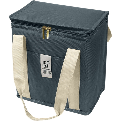 保冷バッグ　BigBee　BOX型　クーラーランチバッグ　オーシャンネイビー 深い青色の表面に大きな持ち手が付いたボックス型の保冷バッグ