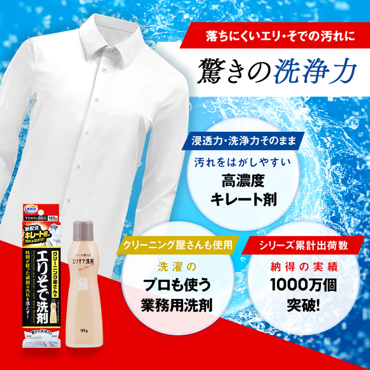 洗濯洗剤　クリーニング屋さんのエリそで洗剤 白いボトルの前面にカラフルなラベルが貼られた状態