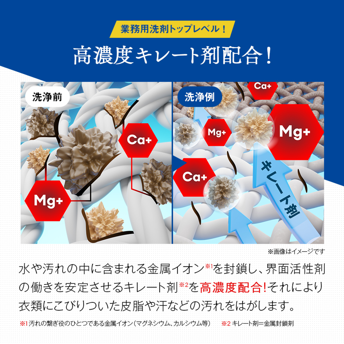 洗濯洗剤　クリーニング屋さんのエリそで洗剤 白いボトルに青いキャップの洗剤が正面から見える状態