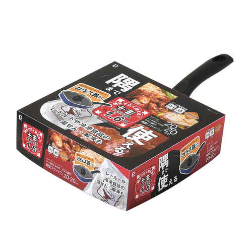 ふっ素加工　IH対応ガラス蓋付角型フライパン　20×20cm　ニューハコパン ガラス蓋が付いた四角形のフライパンが横から見える状態