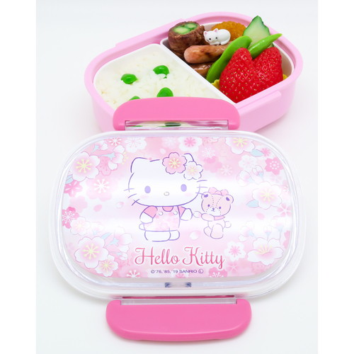 お弁当箱　1段　ハローキティ　サクラ　360ml　中子付　ランチボックス　子供 白く可愛らしいデザインの弁当箱と中子が並んで見える状態