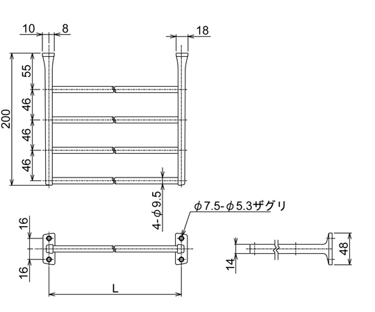 タオル棚　Φ9.5×L400 直立して設置された細長い収納バー