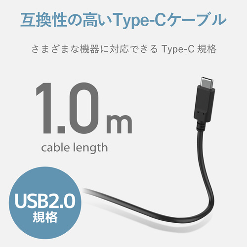タイプC 1.0m ブラック コードの先端部分とプラグが見える状態