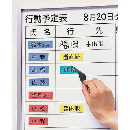 テプラ　PROテープ　黄マグネット18mm黒字×5 パッケージの横に黒い文字で印刷されたテープが並ぶ様子