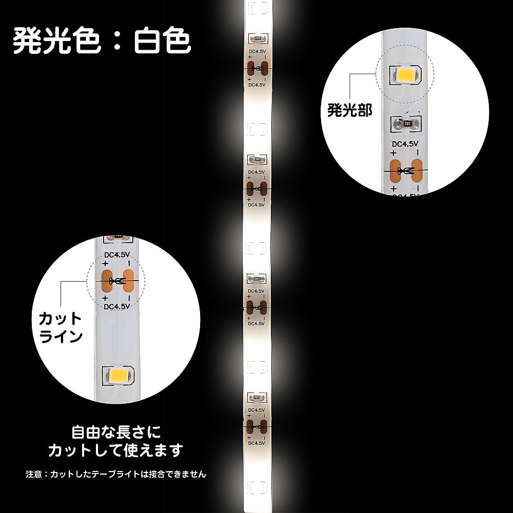 LEDテープライト（乾電池タイプ）3.0m　白色 柔らかな光がともる長いテープが巻かれた状態