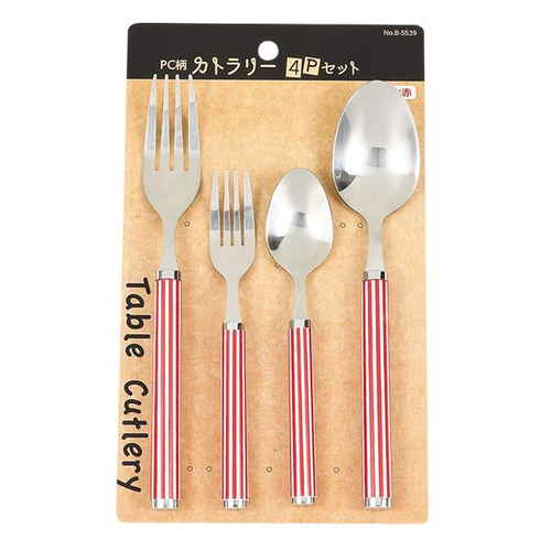 スプーン フォーク 大 小 セット 4本入り ステンレス ストライプ 赤画像