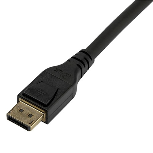 DisplayPort1.4ケーブル　ブラック　3m　オス/オス　8K対応　1本 ケーブルの全長が確認できるまっすぐな状態で、両端のコネクタ部分が見えている。
