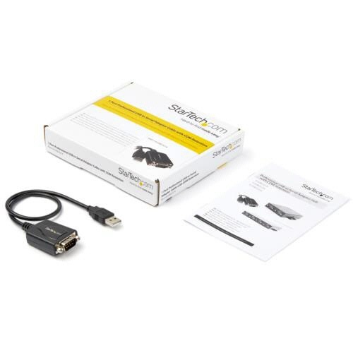 USB　2.0-シリアル変換アダプタ　30cm　ブラック　1本 コネクタ部分が上向きの状態で、ケーブル全体がまっすぐ伸びている様子