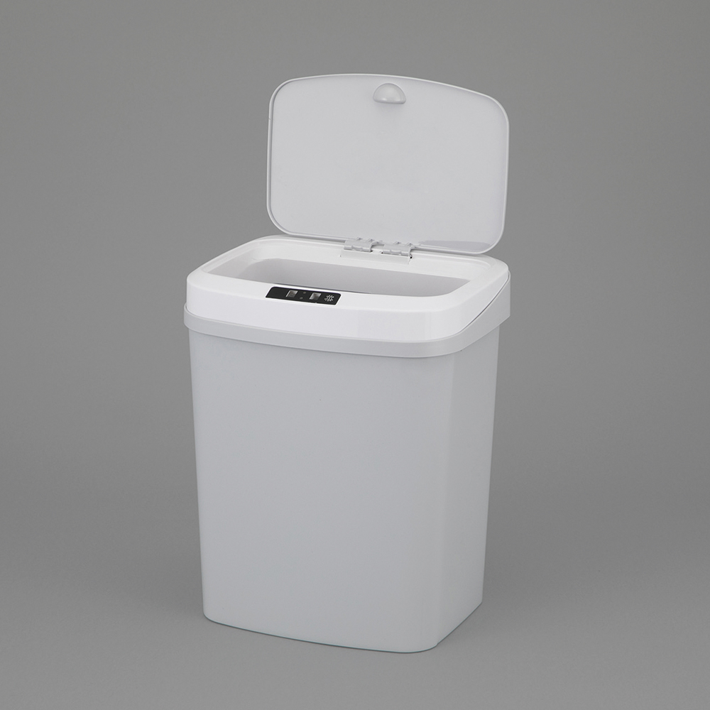 自動開閉ゴミ箱(床置きタイプ)　15L　ホワイト 白い自動開閉機能付きゴミ箱が床に設置されている様子、上部が開いた状態。