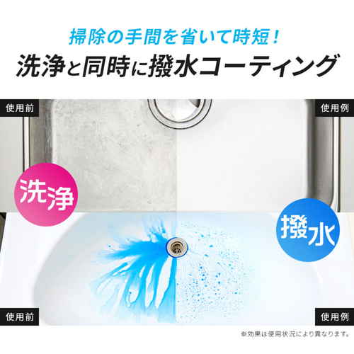 マルチクリーナー　洗浄と撥水コートスプレー 白と青のデザインのスプレーボトルが、前面にノズルを向けて立っている様子