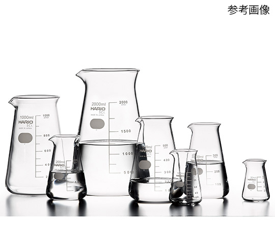 コニカルビーカー　1000mL　12個入 透明なビーカーが整然と並ぶ状態