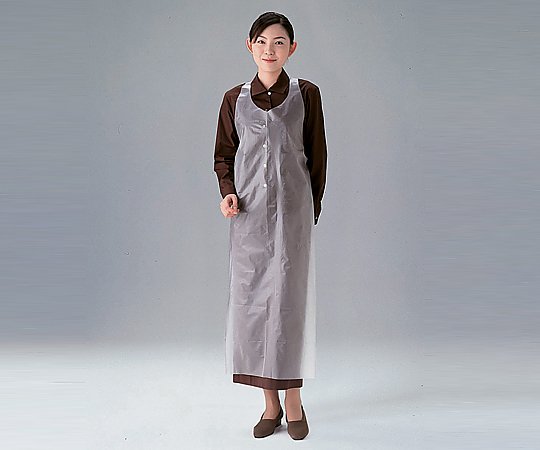 ディスポエプロンPE　50枚入 大量の薄い青色のエプロンがパッケージに収められている様子