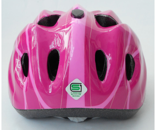 自転車用ジュニアヘルメット　ピンク 明るいピンク色のヘルメットが正面から見える状態、通気孔と調整のストラップが確認できる。