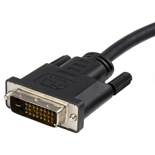 DisplayPort-DVI変換ケーブル　3m　オス/オス　1920×1200対応　ブラック　1本 ケーブルが直線的に伸びている状態と、黒いコネクタの詳細が見える様子