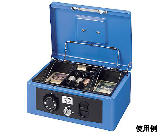 272x209x118mm 手提げ金庫(ブルー) 手提げ金庫の上面が斜めから見える状態、持ち手部分が強調されている。