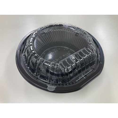 どんぶり容器 CZラプレ丸丼18 BS黒本体 シーピー化成 黒い丼容器が真上から撮影され、シンプルな丸型のデザインが際立つ様子