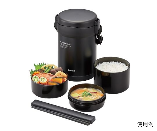 ランチジャー 底が透明な容器が重ねられた状態で、色鮮やかな食品が見えている様子