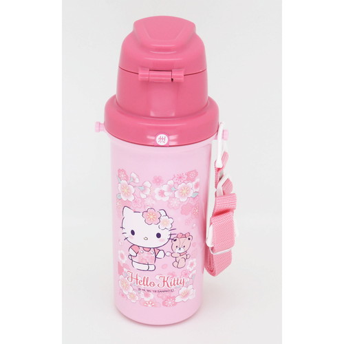 水筒　プラスチック　直飲み　軽量　ハローキティ　サクラ　600ml　子供 ピンク色のプラスチックボトルにハローキティがデザインされた正面からの視界。