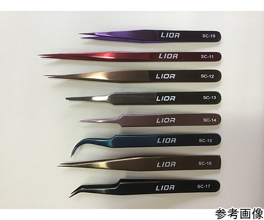 精密カラーピンセット　先端細長鋭　110mm 先端が細長く鋭利な特徴を持つ工具が手前に配置されている状態